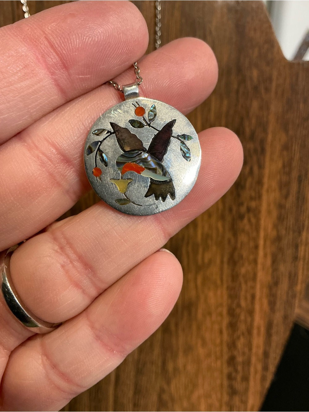 Derrick Edaakie Zuni Sterling Silver Hummingbird Inlay Pendant Necklace